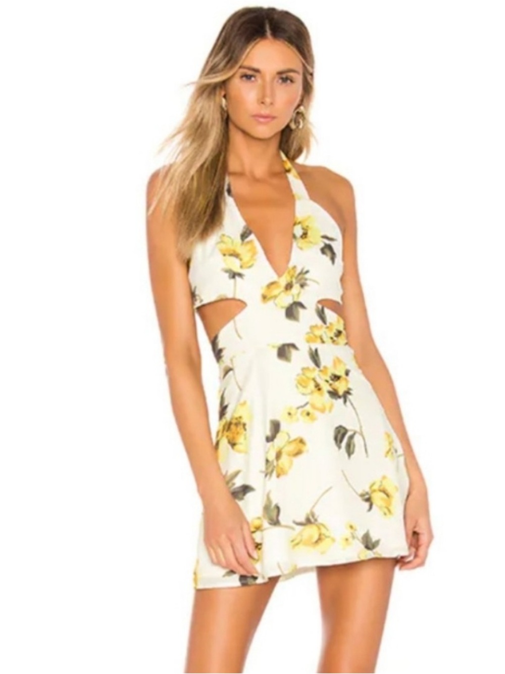superdown White Halter Mini Dress with Yellow Floral Print